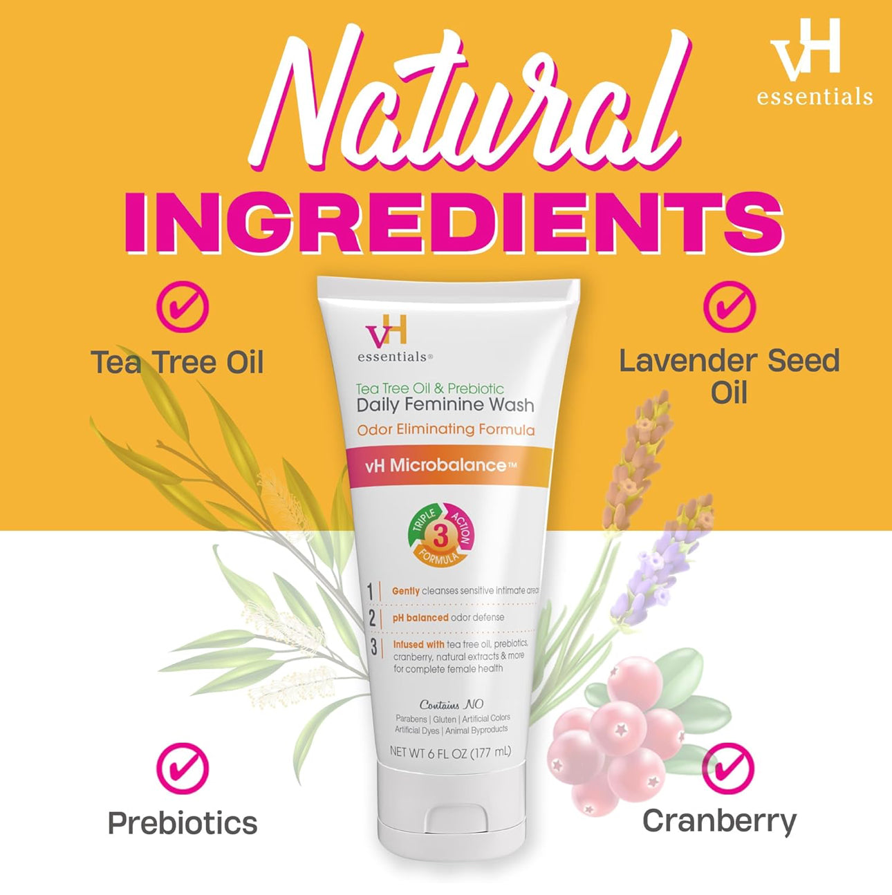 vH essentials, Ph Balanced Daily Feminine Wash, Tea Tree Oil & Prebiotic