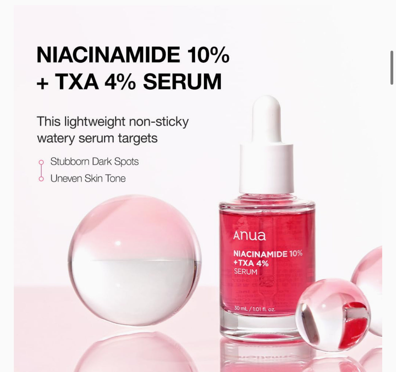 Anua 10% Niacinamide+ 4% Tranexamic Acid Serum, Ceramide, Hyaluronic Acid, Vitamin B12 natural color, for Sensitive skin, Korean Glass Skin, Fragrance-Free